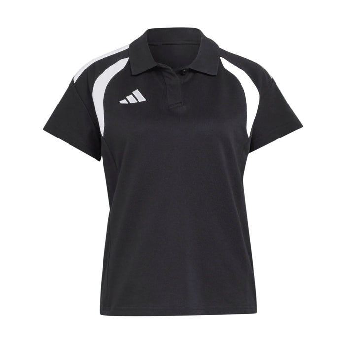 Black polo shirt with white accents and Adidas logo on a light gray background