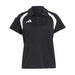 Black polo shirt with white accents and Adidas logo on a light gray background