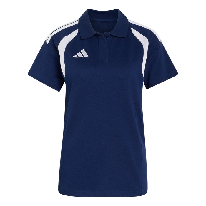 Navy blue polo shirt with white accents and Adidas logo on a light gray background