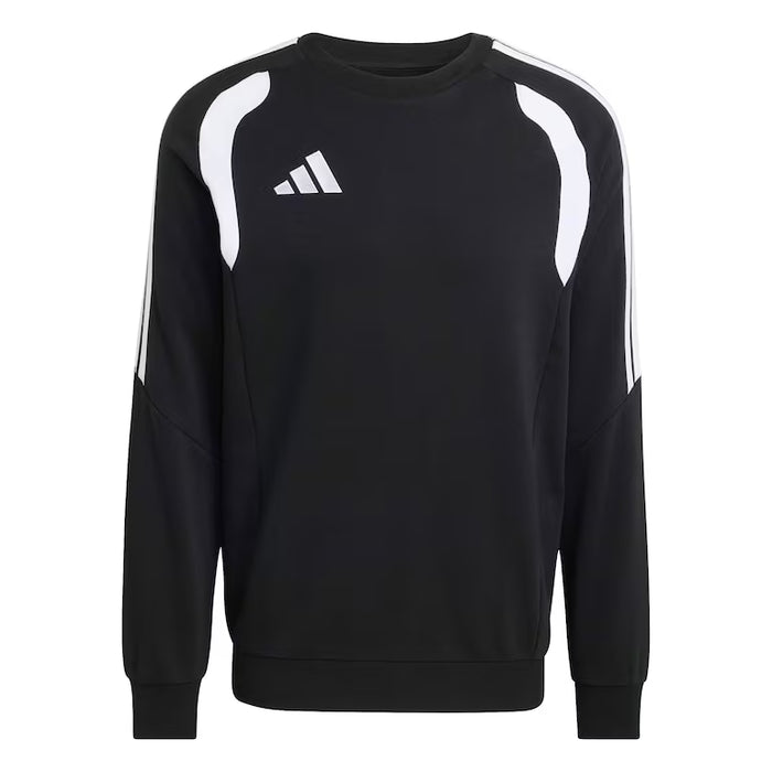 Black sweatshirt with white stripes and Adidas logo on a white background