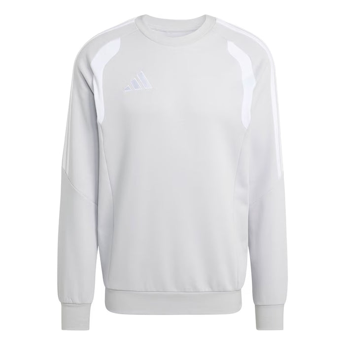 White sweatshirt with a logo on a white background
