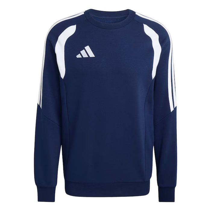 Navy blue sweatshirt with white stripes and Adidas logo on a white background
