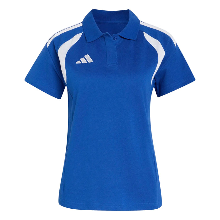 Blue polo shirt with white accents and Adidas logo on a light gray background