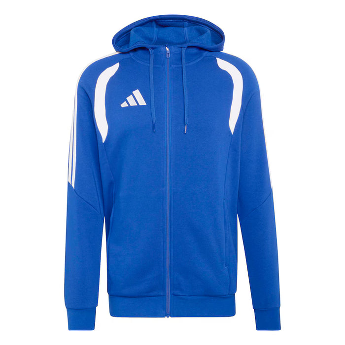Blue hoodie with white accents and Adidas logo on a white background