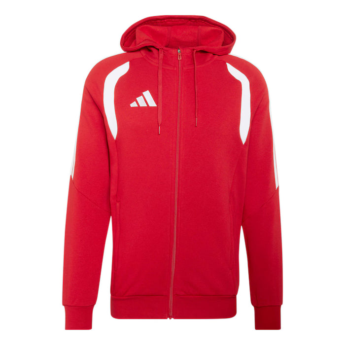 Red hoodie with white stripes and Adidas logo on a white background