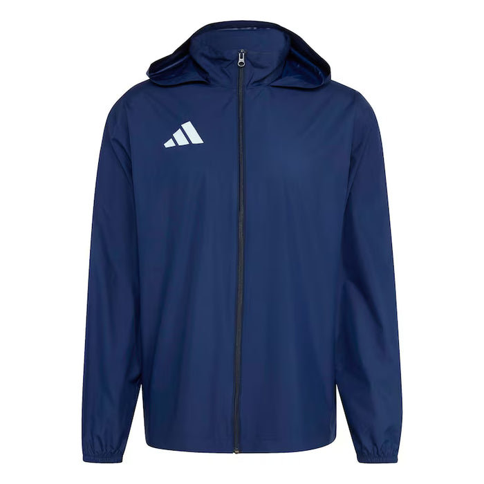 Blue jacket with a hood and Adidas logo on a white background