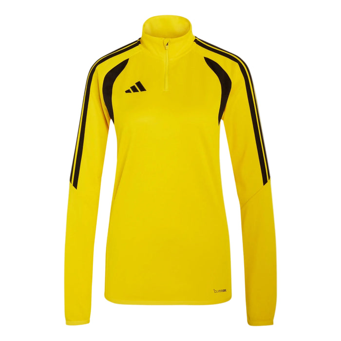 Yellow long-sleeve sports top with black stripes and Adidas logo on a white background