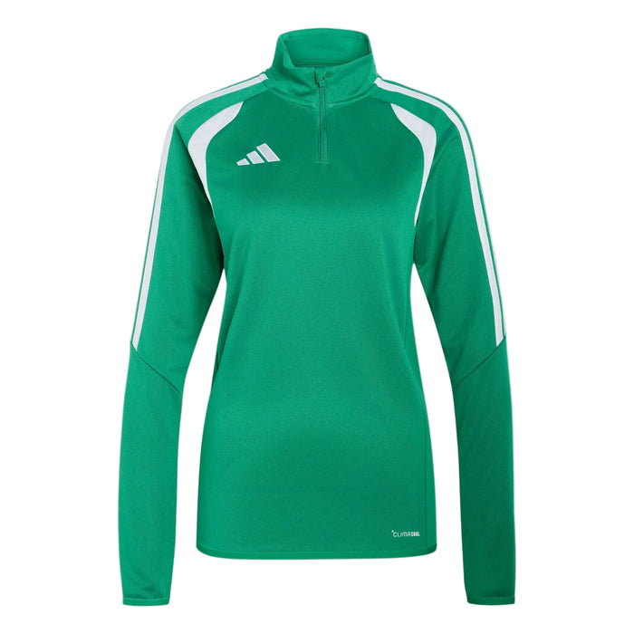 Green athletic long-sleeve shirt with white stripes on a light gray background