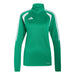 Green athletic long-sleeve shirt with white stripes on a light gray background