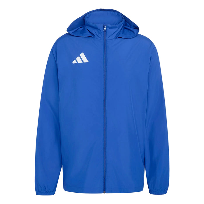Blue jacket with a hood and Adidas logo on a light gray background