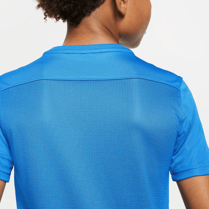 Nike Dri FIT Park VII Short Sleeve Shirt in Royal Blue close-up of the back.