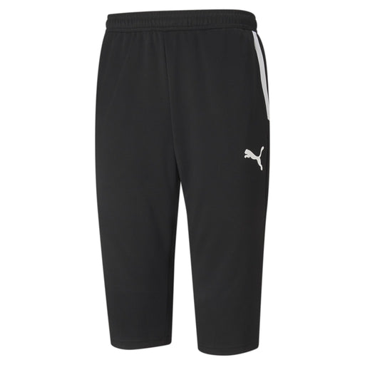 A pair of Puma Team Liga 3/4 length training pants in black with a white Puma logo on the left leg and a gray band around the waist.
