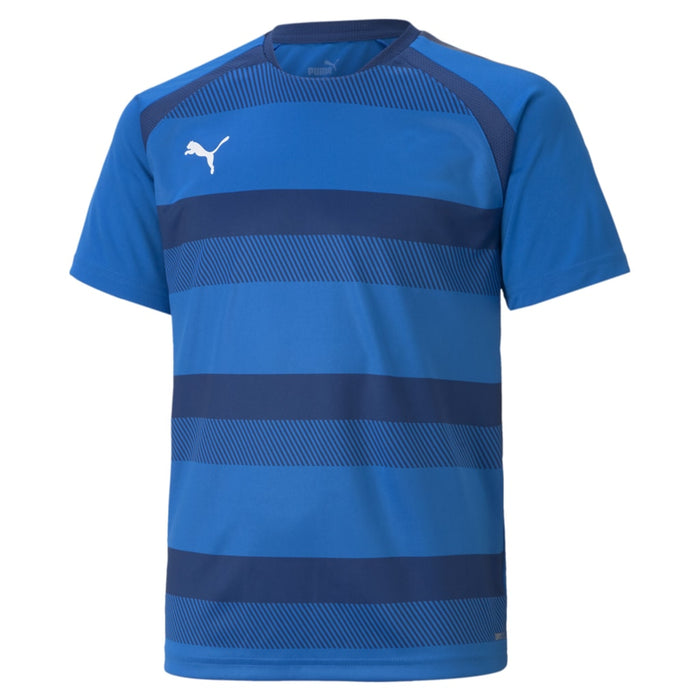 A short-sleeved Puma team shirt in blue and black color blocks with a Puma logo on the chest.