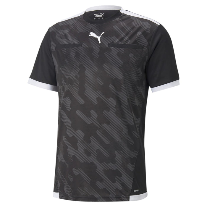 A black and white Puma soccer referee jersey with camouflage pattern and velcro pockets.
