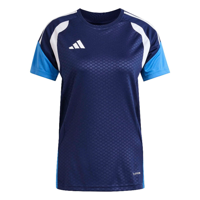 Blue sports jersey with white accents and Adidas logo on a white background
