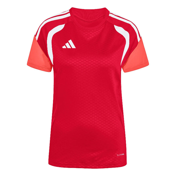 Red sports jersey with white stripes and Adidas logo on a white background