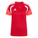Red sports jersey with white stripes and Adidas logo on a white background