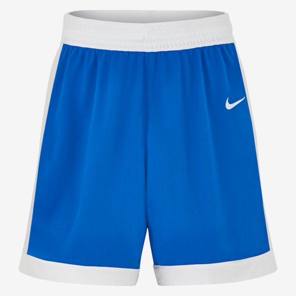 Blue shorts with white Nike logo on a white background