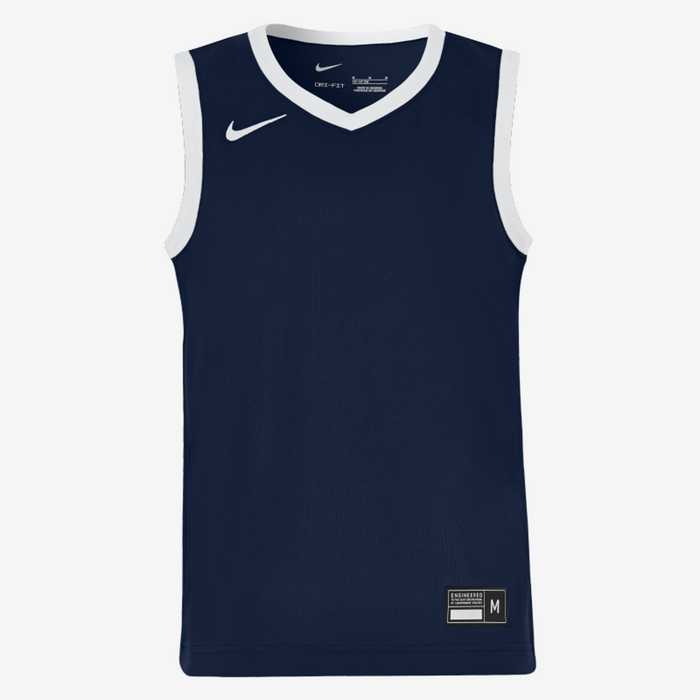 Navy basketball jersey with white accents on a white background