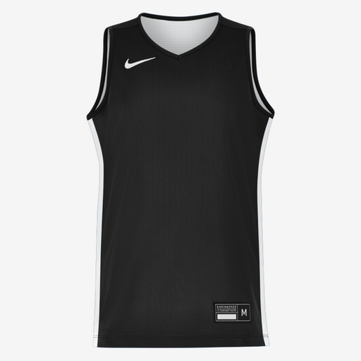 Black sleeveless sports jersey with white accents on a white background