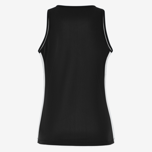 Black sleeveless shirt with white accents on a white background