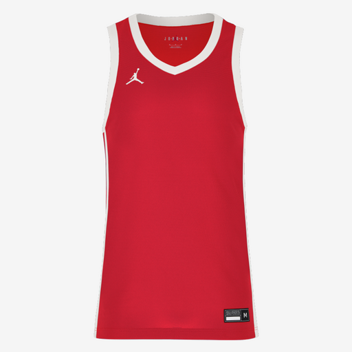 Red basketball jersey with white accents on a white background