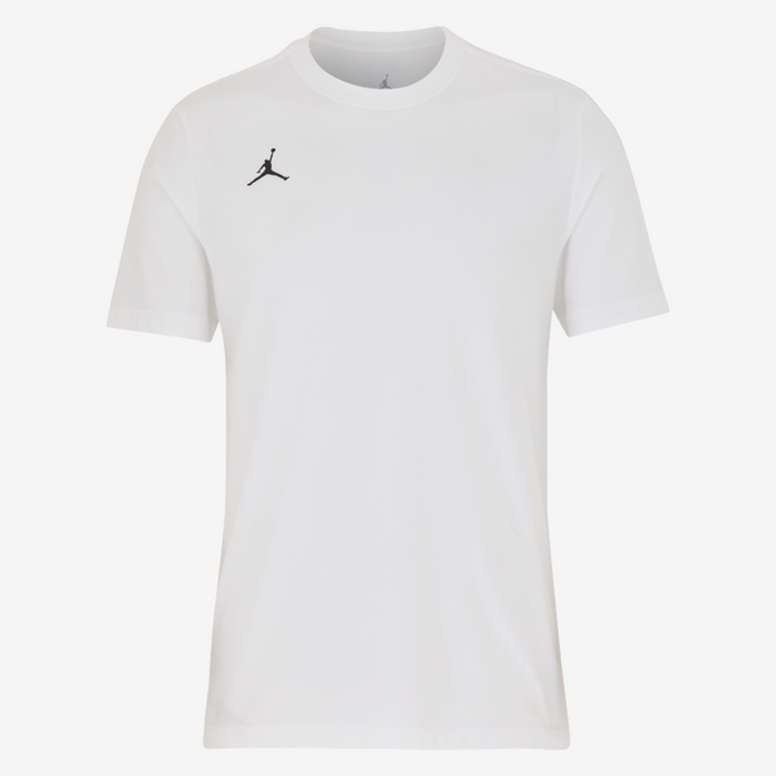 White t-shirt with a black logo on a white background