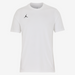 White t-shirt with a black logo on a white background