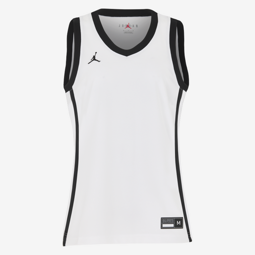 White basketball jersey with black accents and Jordan logo on a white background