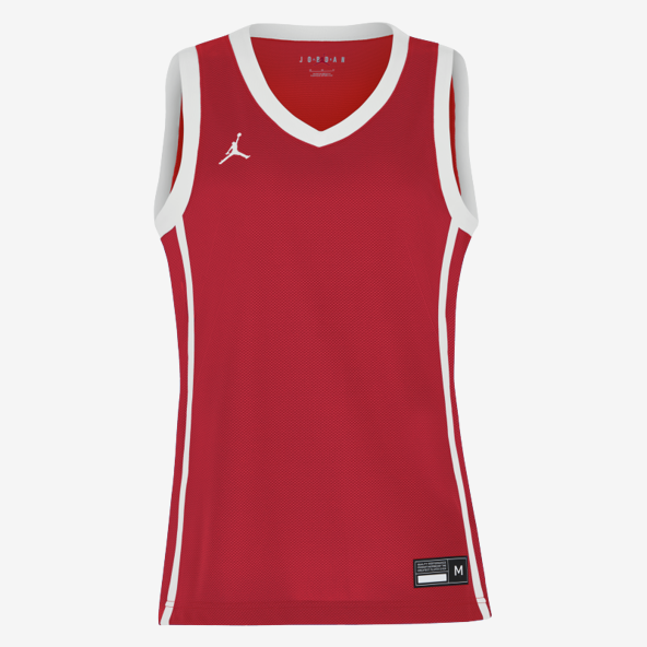 Red basketball jersey with white accents on a white background