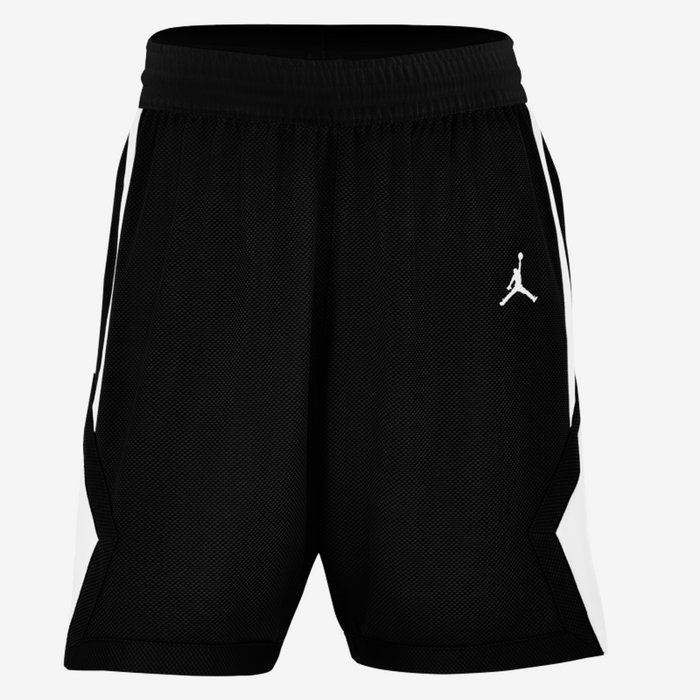Black shorts with a white logo on a light gray background