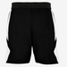 Black athletic shorts with white side panels on a white background