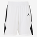 White shorts with black accents and a logo on a white background