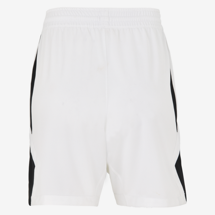 White shorts with black side panels on a white background