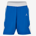 Blue athletic shorts with a white logo on a light gray background