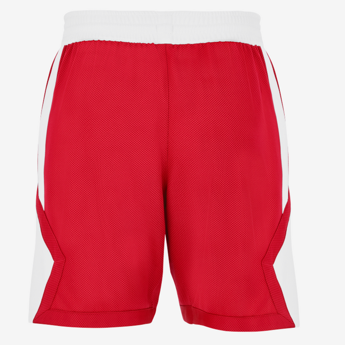 Red athletic shorts with white accents on a white background