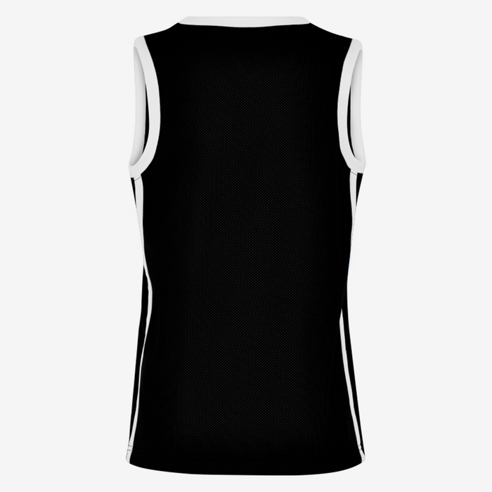 Black sleeveless shirt with white accents on a white background