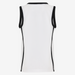 White sleeveless shirt with black accents on a white background