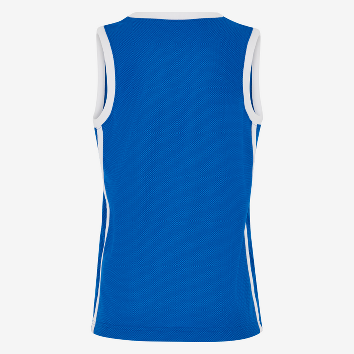 Blue sleeveless sports jersey with white accents on a white background