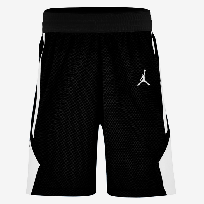 Black athletic shorts with a white logo on a light gray background