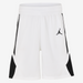 White shorts with black accents and a logo on a white background
