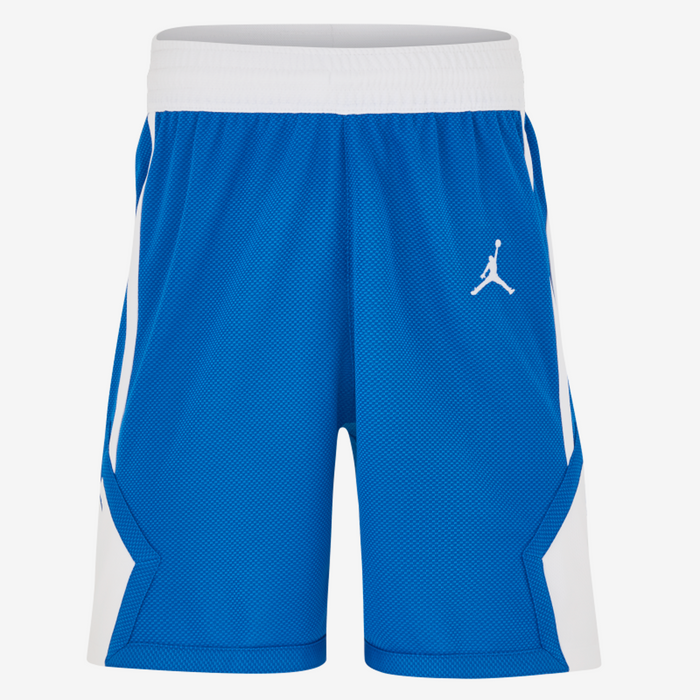 Blue athletic shorts with a white logo on a white background
