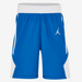 Blue athletic shorts with a white logo on a white background