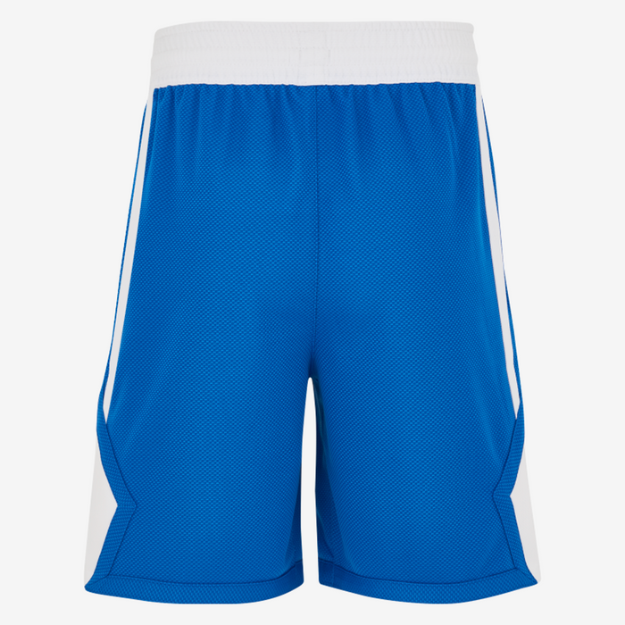 Blue athletic shorts with white accents on a white background