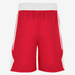 Red athletic shorts with white accents on a white background