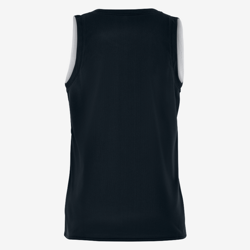 Black sleeveless shirt with white accents on a white background