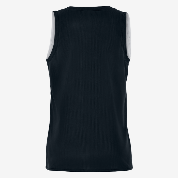 Black sleeveless shirt with white accents on a white background