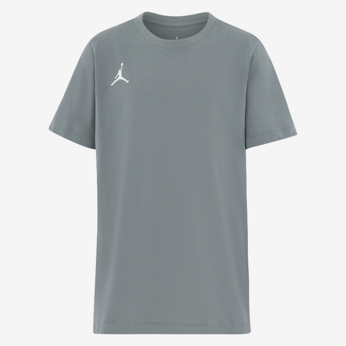 Gray t-shirt with a white logo on a white background