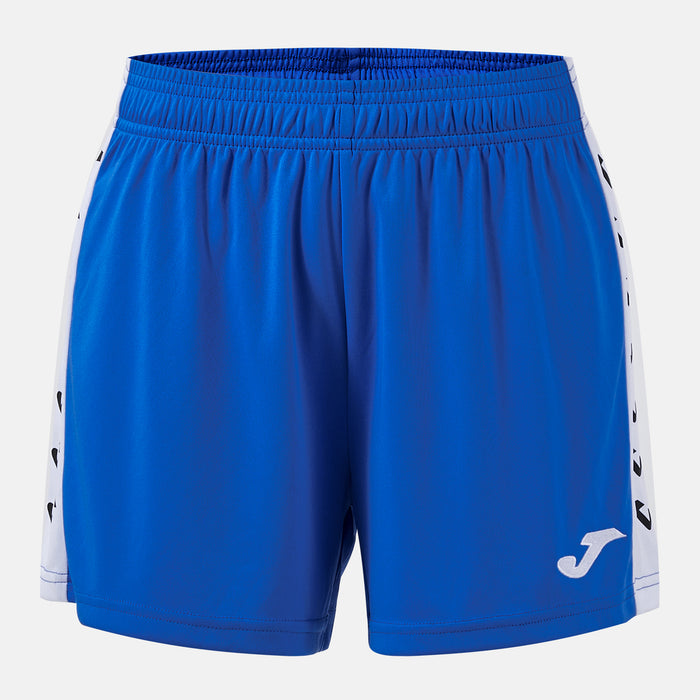 Blue shorts with white side panels and a logo on a light gray background