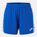 Blue shorts with white side panels and a logo on a light gray background